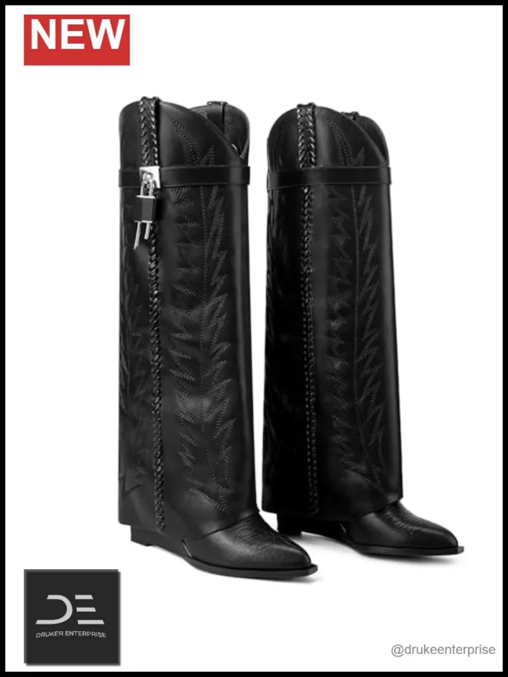 Fold Over Knee High Wedge Boots Embroidered Western Cowboy Denim Pointed Toe